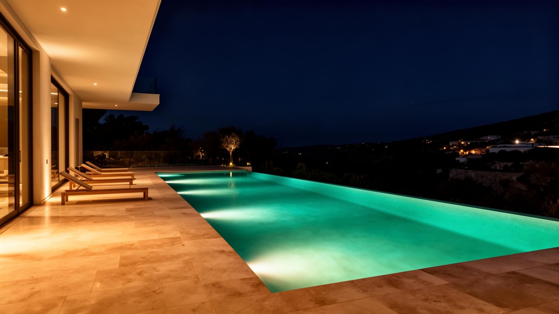 Gece aydınlatmalı lüks villa havuzu
